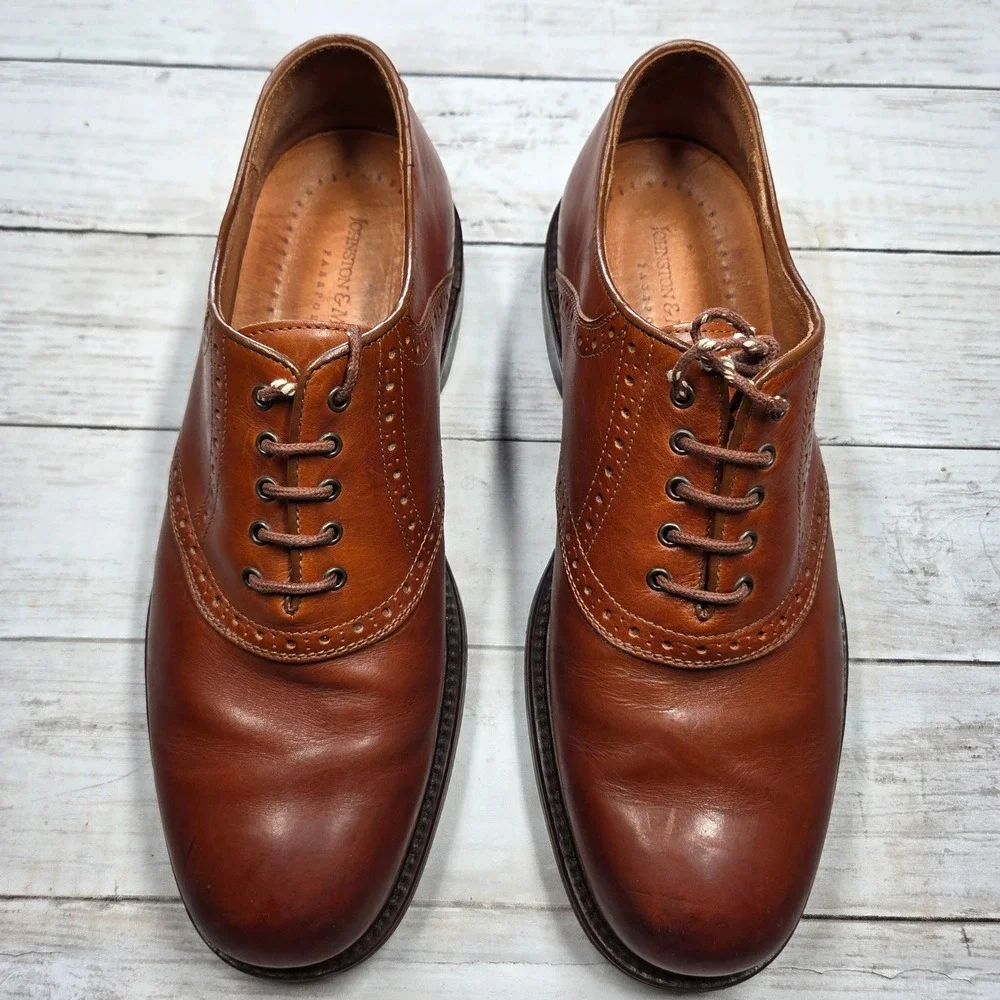 Johnston & Murphy Passport Saddle Oxford Mens 10W Brown Leather Brogue Italy